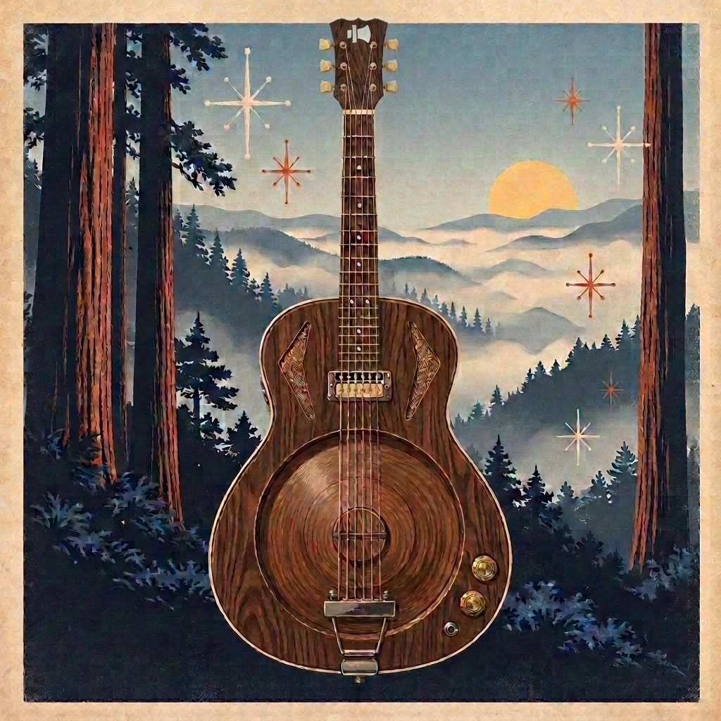 The Boulder handmade wood-cone resonator guitar among Santa Cruz redwoods