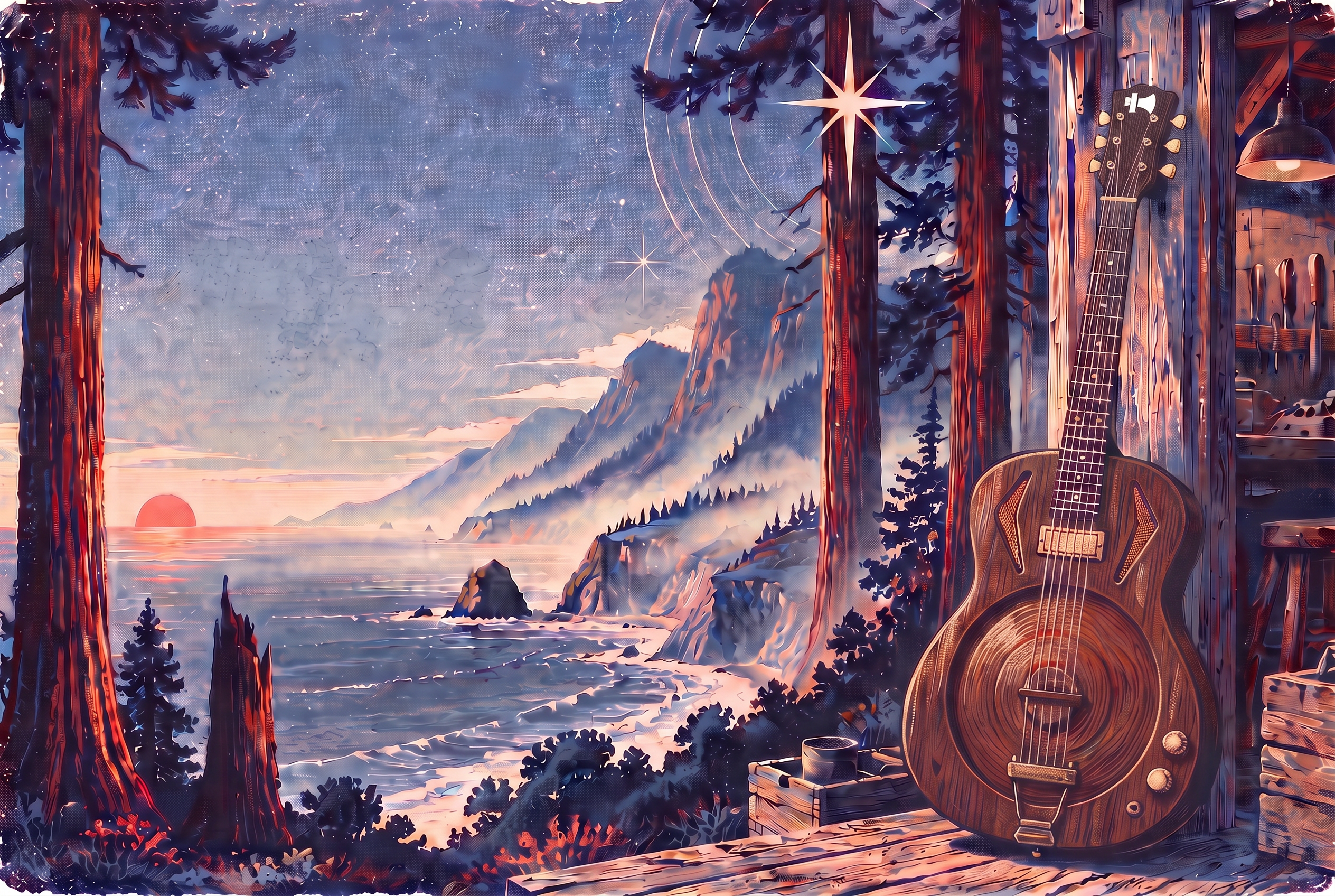 Screenprint landscape with a handmade resonator guitar, mountain workshop, and Santa Cruz coast